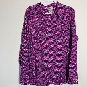 Wrangler Wrancher Shirt Women's XXL Pearl Snap Front Pink Blue Diamond Western